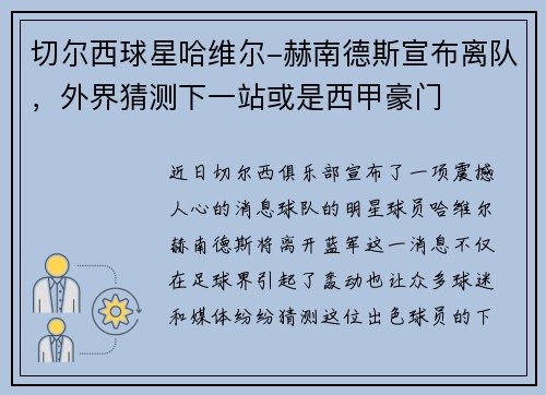 切尔西球星哈维尔-赫南德斯宣布离队，外界猜测下一站或是西甲豪门