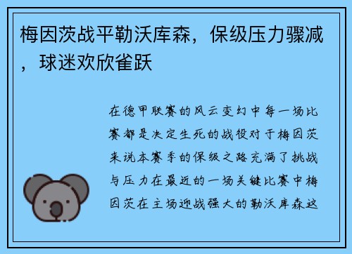 梅因茨战平勒沃库森，保级压力骤减，球迷欢欣雀跃
