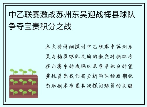中乙联赛激战苏州东吴迎战梅县球队争夺宝贵积分之战